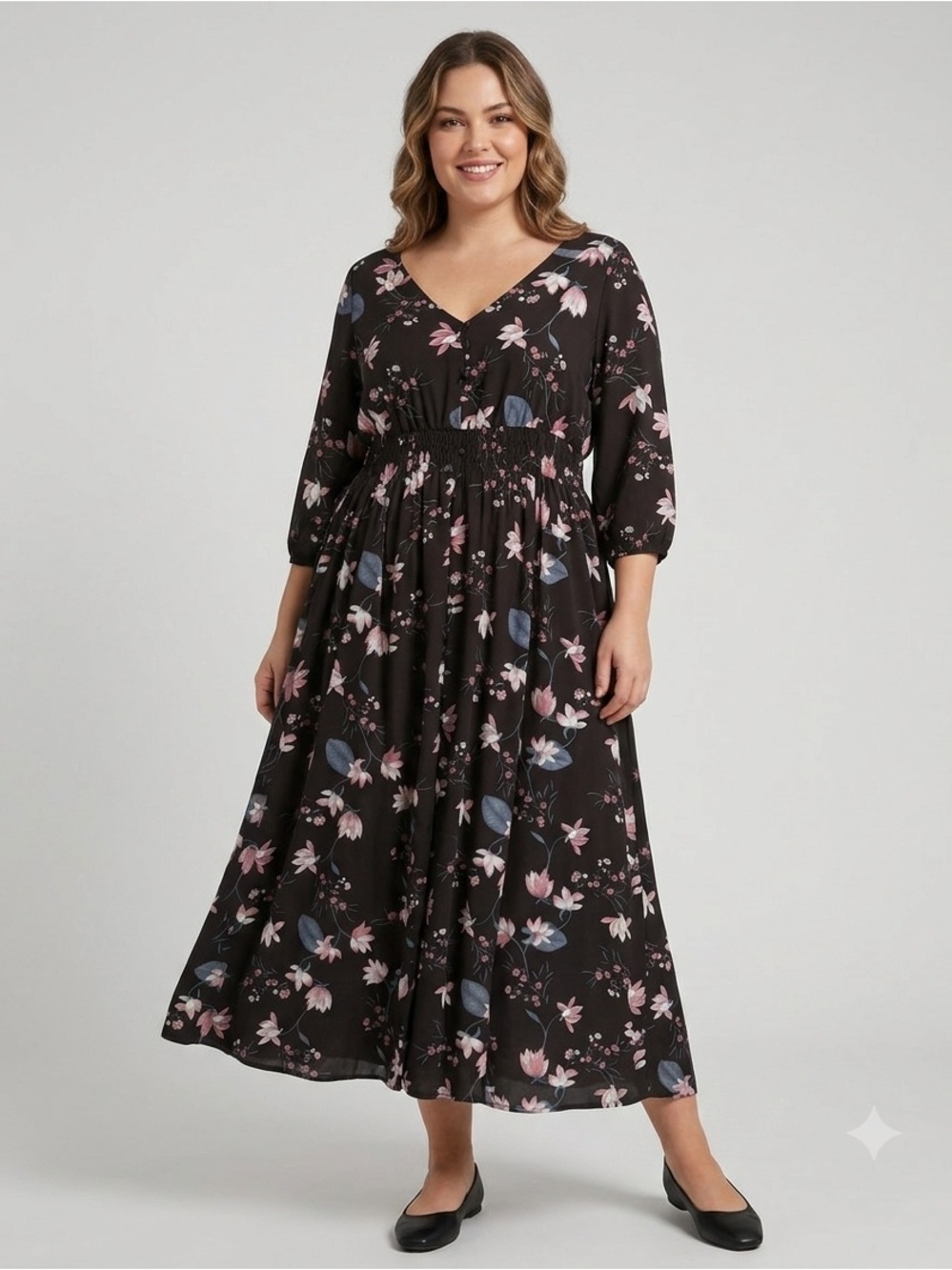 City Chic Floral Maxi Dress Smocked Waist Button Front 3/4 Sleeve Womens Sz M 18